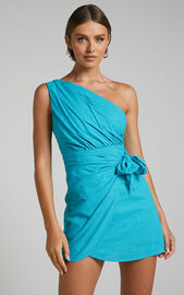 Harper Mini Dress - Linen Look One Shoulder Gathered Wrap Waist Dress ...