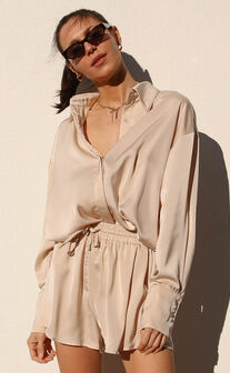 Azurine Oversized Button Up Satin Shirt in OYSTER