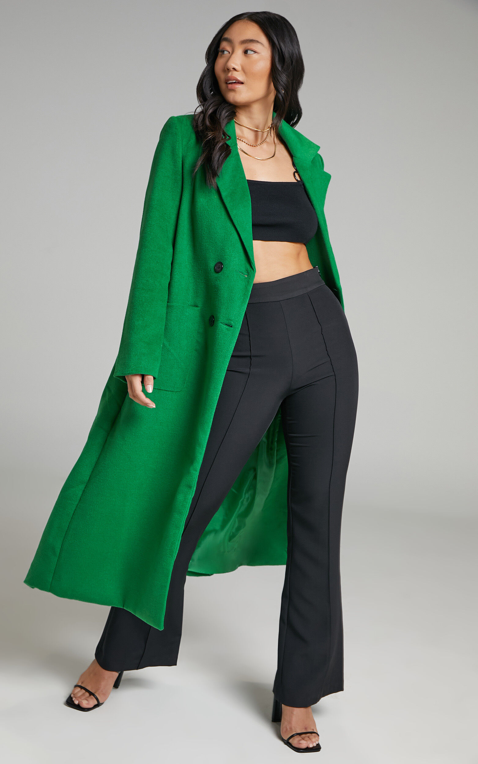 Jaya Double Breasted Collared Longline Coat in Green - 06, GRN1, super-hi-res image number null
