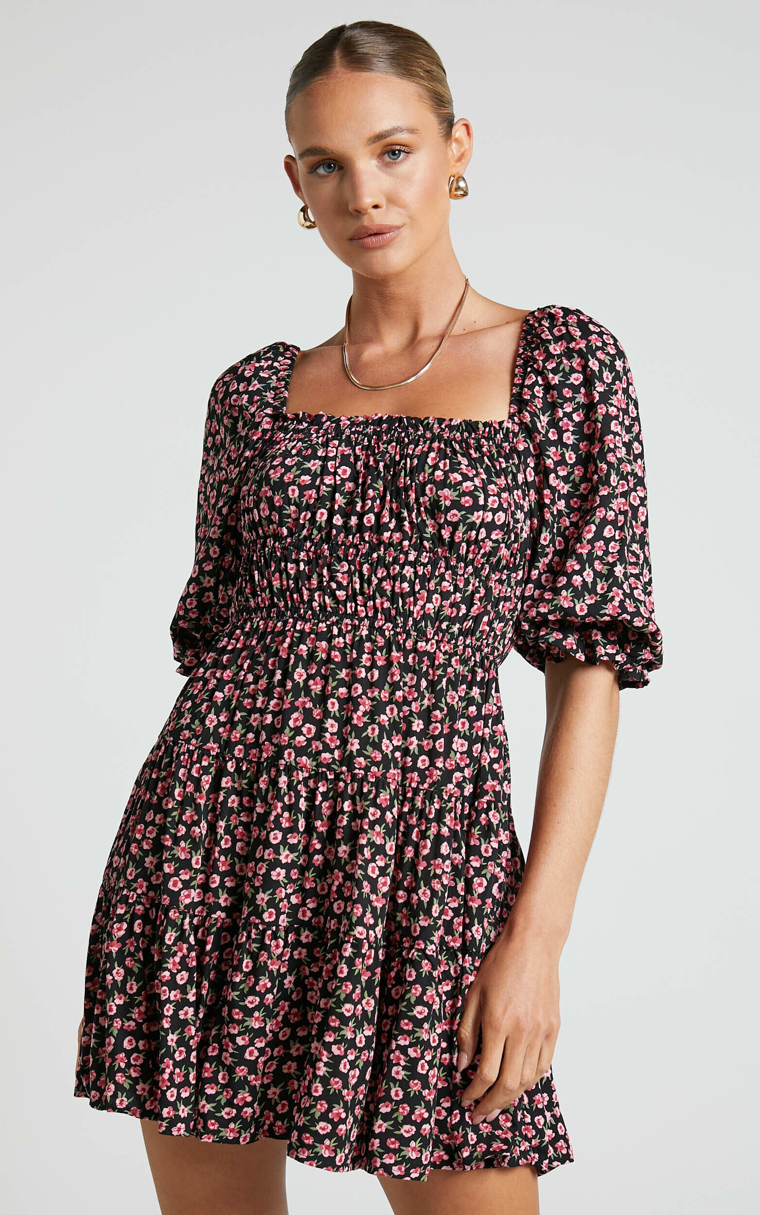 Zaley Mini Dress - Ruched Bodice 3/4 Puff Sleeve Dress in Black Floral - 04, BLK1, super-hi-res image number null