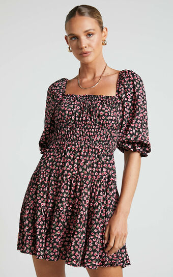 Zaley Mini Dress - Ruched Bodice 3/4 Puff Sleeve Dress in Black Floral