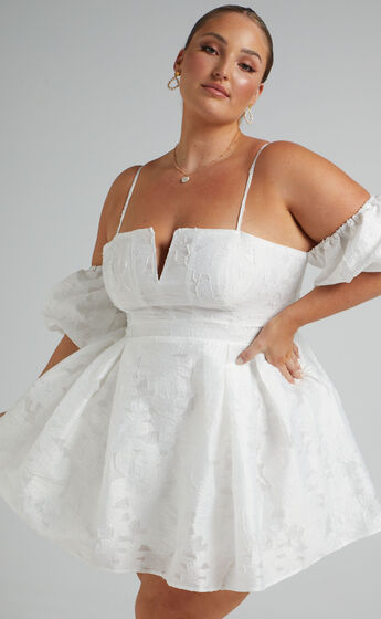 Mayca Off Shoulder Mini Dress in White Organza