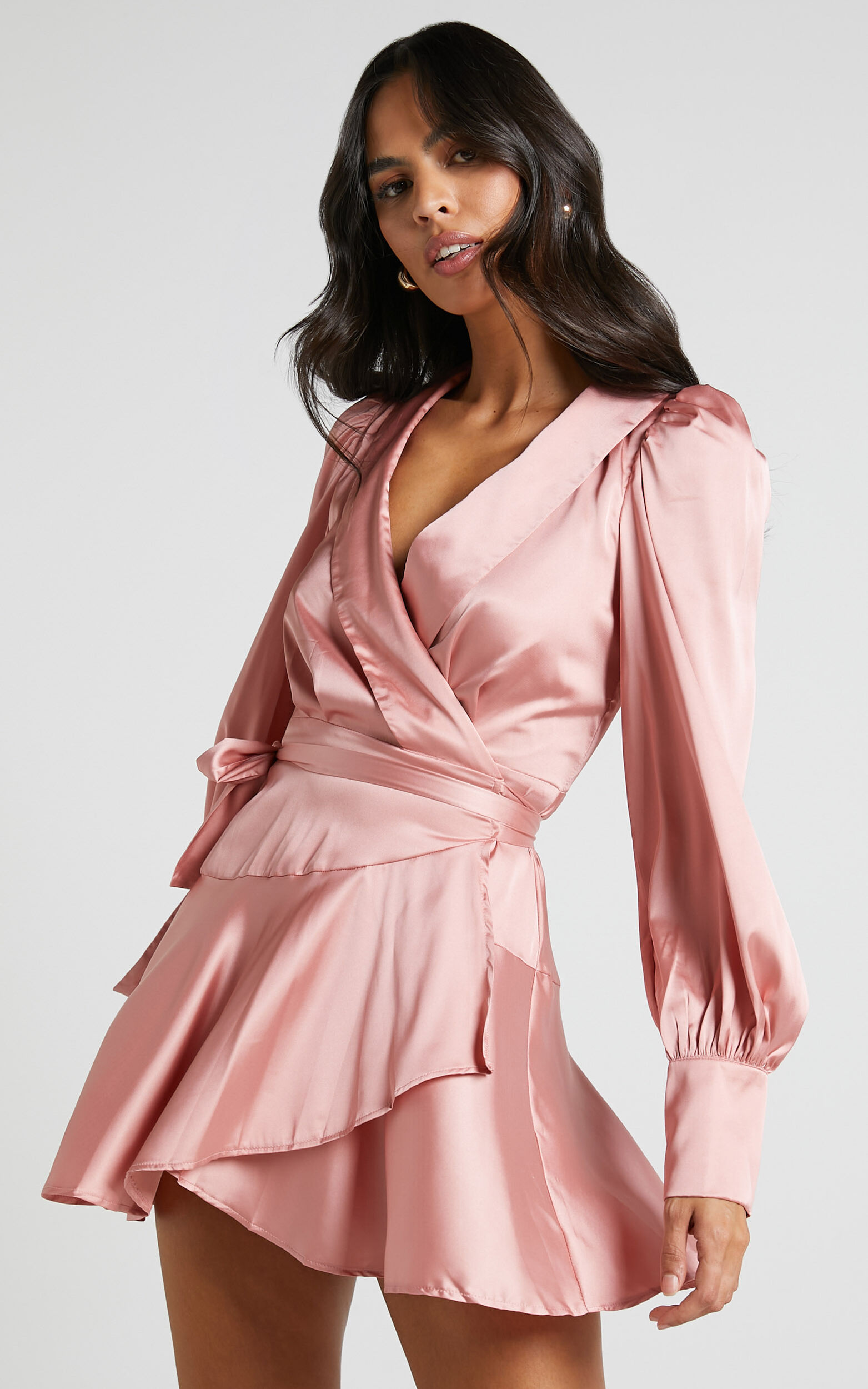 Breeana Mini Dress - Long Sleeve Wrap Dress in Dusty Pink - 04, PNK1
