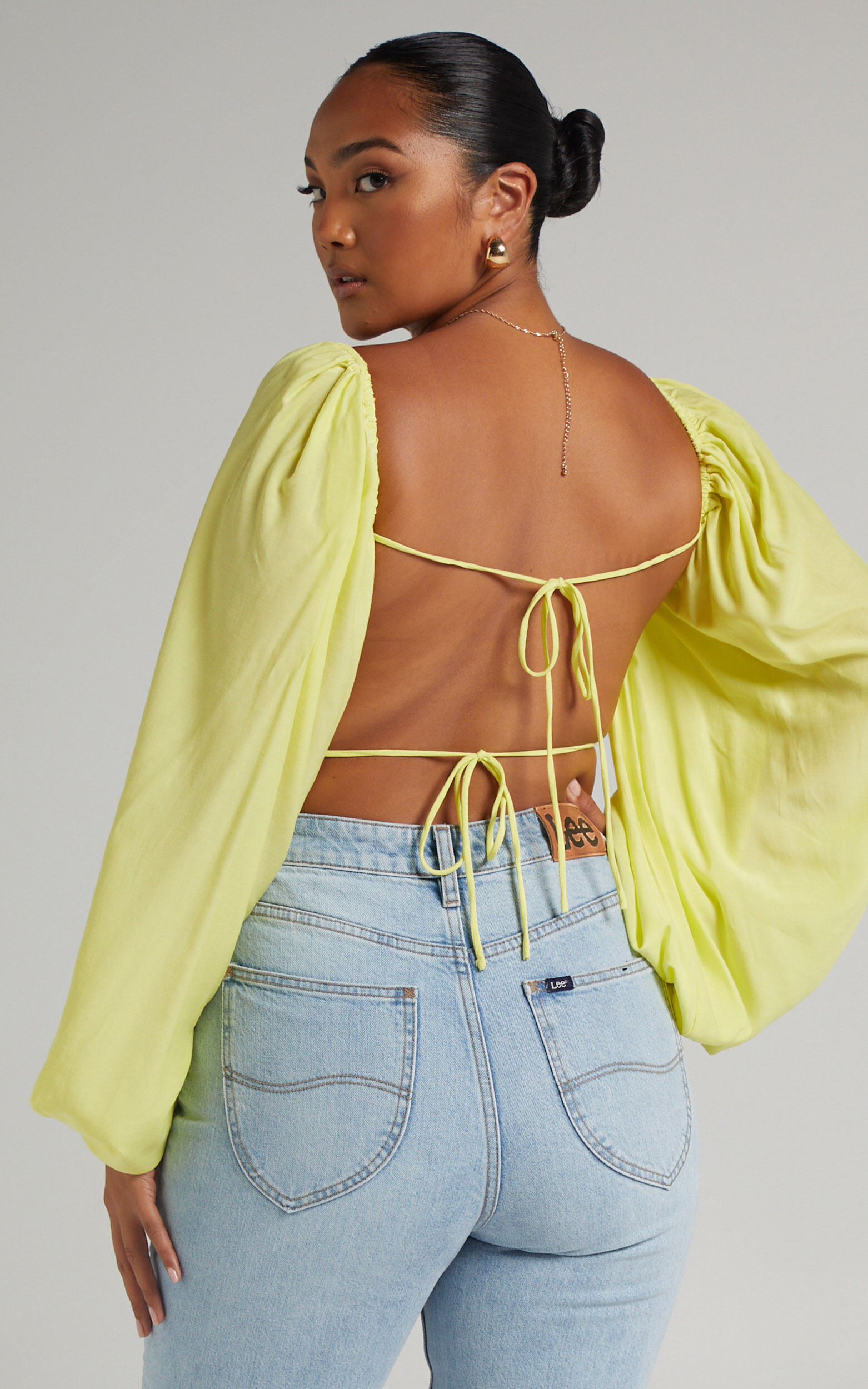 Shantal Balloon Sleeve Open Back Crop Top in Pastel Yellow - 06, YEL2, super-hi-res image number null