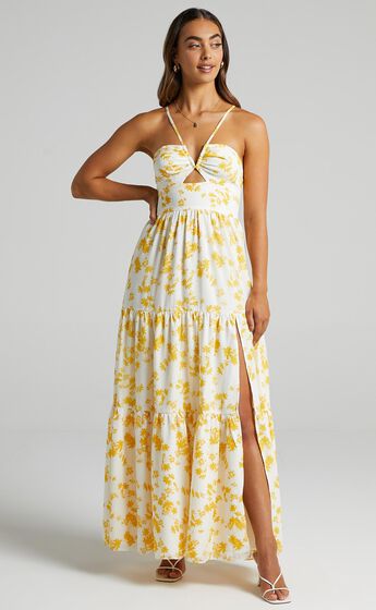 Kahrissa Strappy Maxi Dress in Yellow Floral