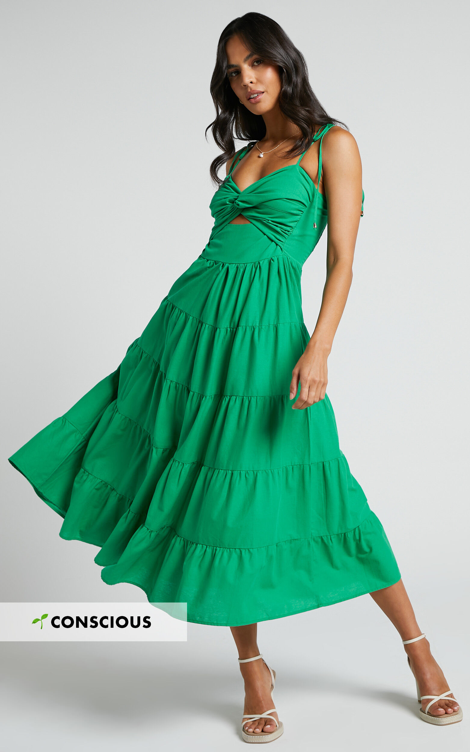 Leticia Maxi Dress - Twist Front Tie Strap Tiered Dress in Green - 06, GRN1, super-hi-res image number null