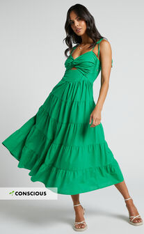 Leticia Maxi Dress - Twist Front Tie Strap Tiered Dress in Green