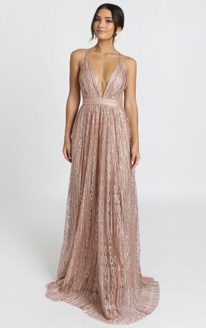 Romantic Night Maxi Dress In Rose Gold Glitter | Showpo