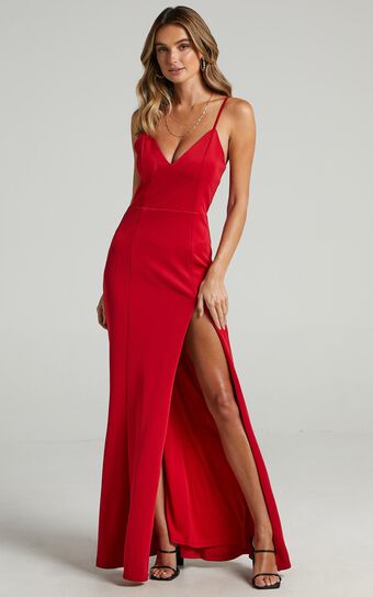 Dare To Dream Midaxi Dress - Plunge Neck Thigh Split Dress in Red