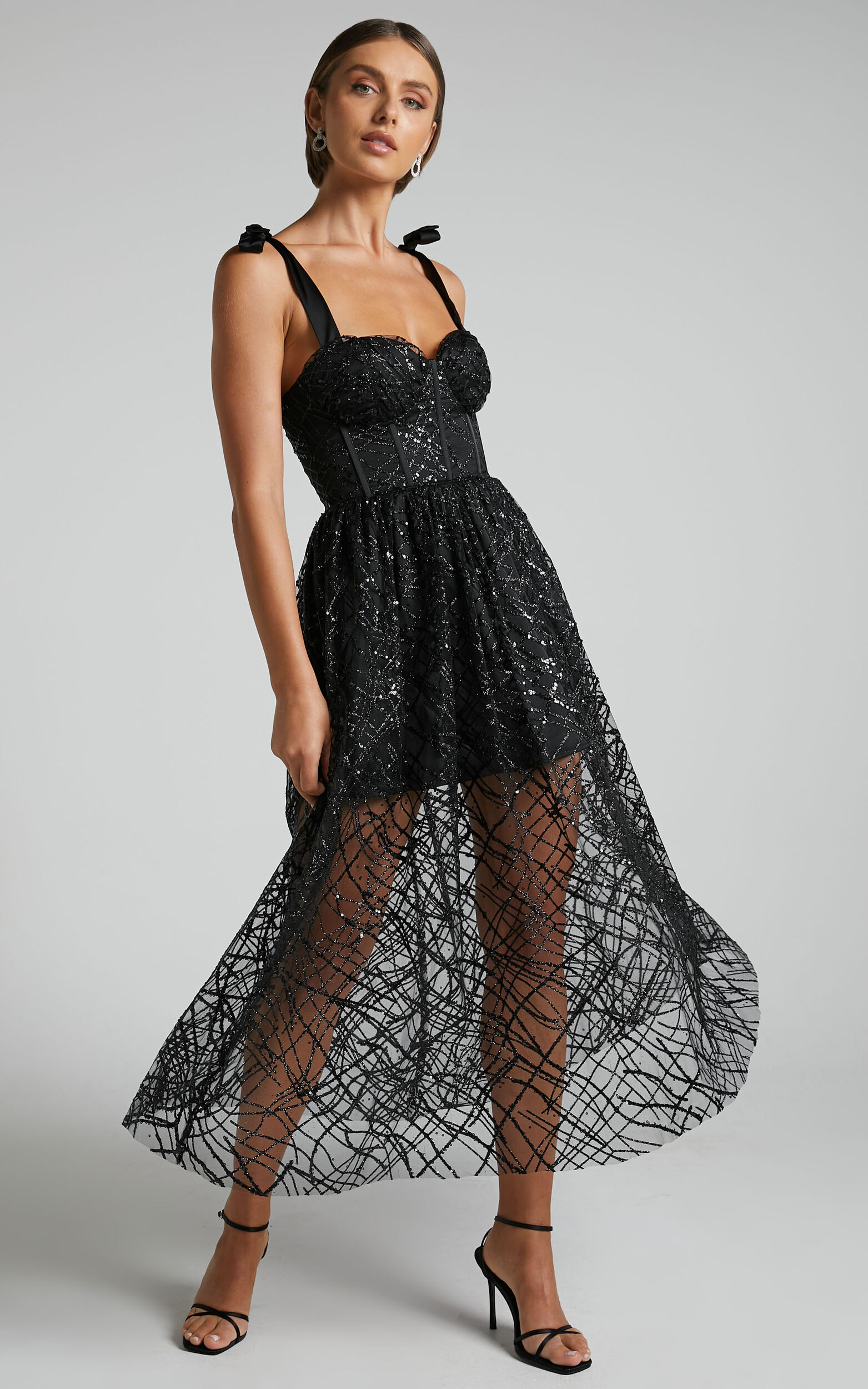 Rimea Midaxi Dress - Tie Shoulder Bustier Bodice Glitter Tulle Dress in Black - 06, BLK1