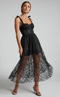Rimea Maxi Dress - Tie Shoulder Bustier Bodice Glitter Tulle Dress in Black