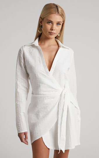 Rayfa Mini Dress - Long Sleeve Textured Wrap Dress in White