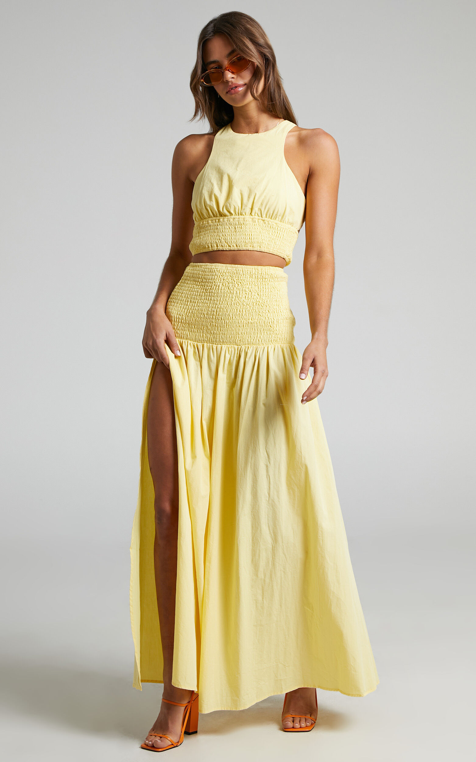 Gracelynn Two Piece Set - Cut Out Back and Racer Top and Shirred Waist Midaxi Skirt Set in Pastel Yellow - 08, YEL1
