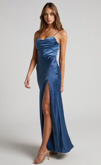 Brody Maxi Dress - High Split Bodice Slip Dress in Steel Blue