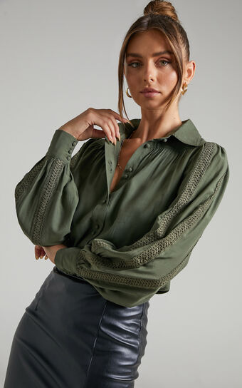 Veah Blouse - Collared Double Button Long Sleeve Blouse in Olive
