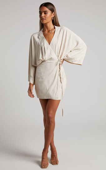 Ayelin Mini Dress - Kimono Sleeve Wrap Dress in Cream