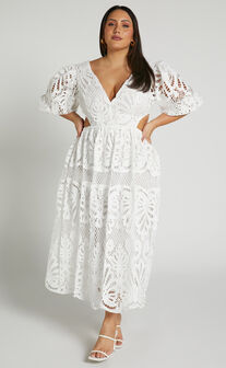 Anieshaya Midaxi Dress - V Neck Cut Out Lace Dress in White