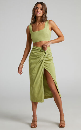 Gibson Crop Top and Knot Front Midi Skirt Two Piece Set in Celery