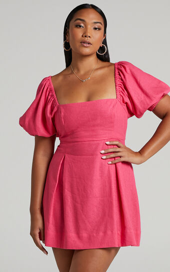 Matty Mini Dress - Strappy Back Puff Sleeve Baby Doll Dress in Pink