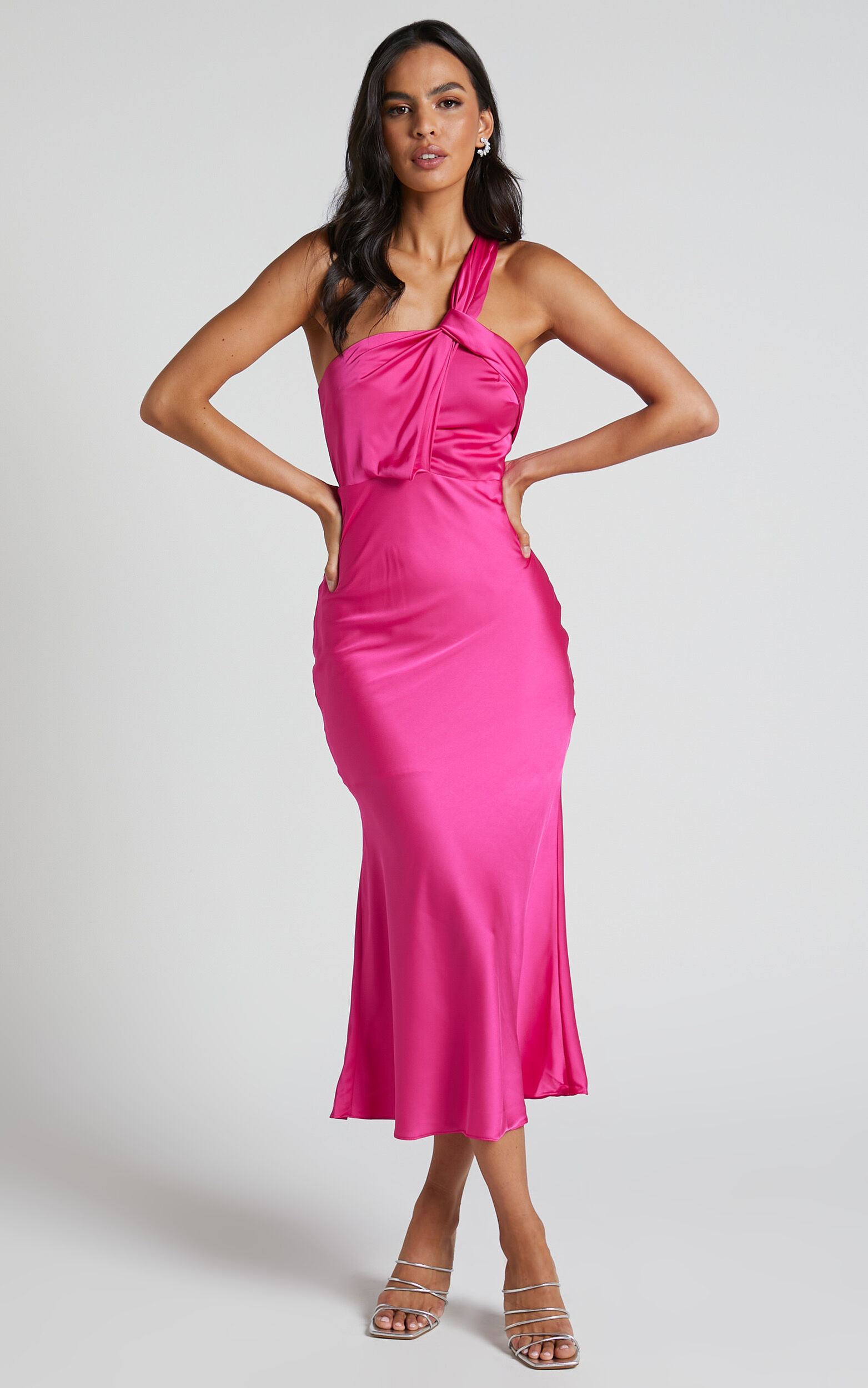 Carmella Midi Dress - One Shoulder Twist Detail Dress in Fuchsia - 06, PNK4