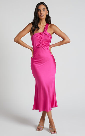 Carmella Midi Dress - One Shoulder Twist Detail Dress in Fuchsia