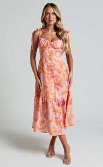 Amani Midi Dress - Tie Shoulder Bustier Flare Dress in Peach
