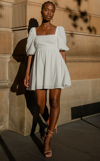 Gabien Square Neck Blouson Sleeve Mini Dress in White