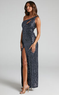 Rehyna One Shoulder Asymmetric Cut Out Sequin Maxi Dress in Black