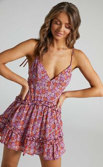 Kaleia V Neck Ruffle Trim Tiered Mini Dress in Psychedelic Daisy