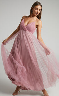 Allany Maxi Dress - Faux Wrap Bodice Pleated Tulle Dress in Dusty Pink