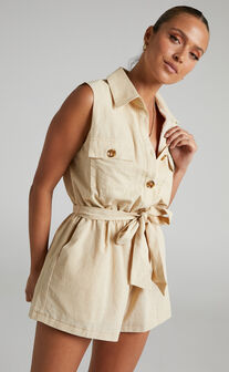 Zabel Utility Button Up Sleeveless Playsuit in Cotton in Sand