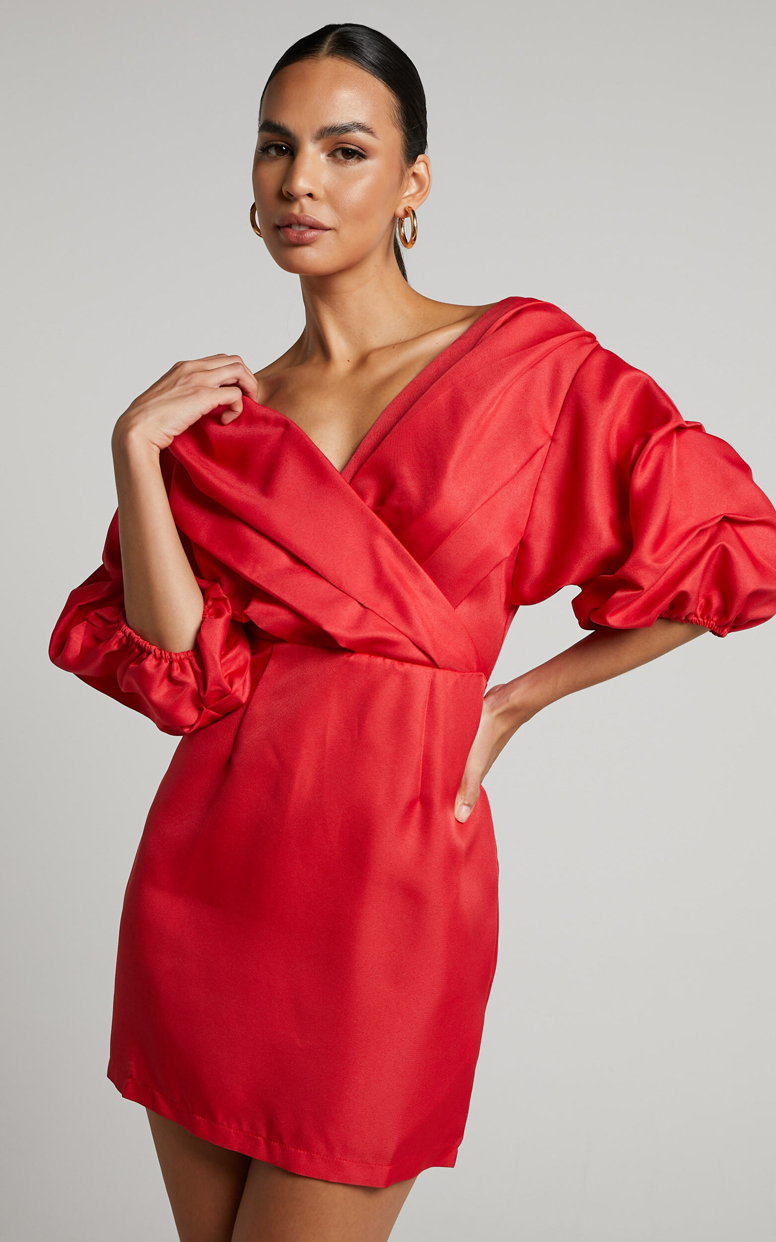 Anastasija Mini Dress - Off Shoulder V Neck Dress in Red - 06, RED1