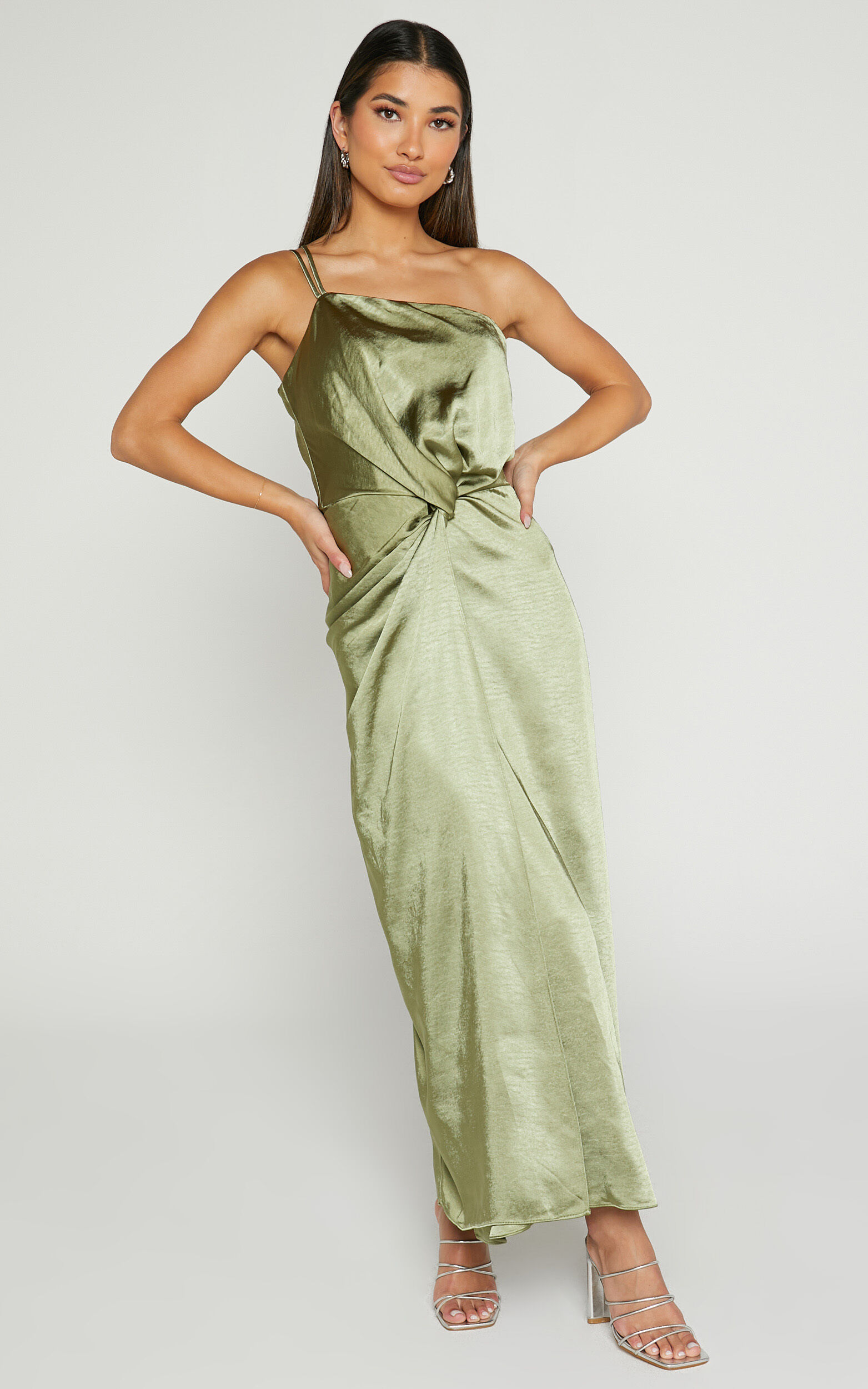 Estelle Midaxi Dress - One Shoulder Thigh Split Dress in Olive - 06, GRN1