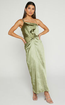 Estelle Midaxi Dress - One Shoulder Thigh Split Dress in Olive