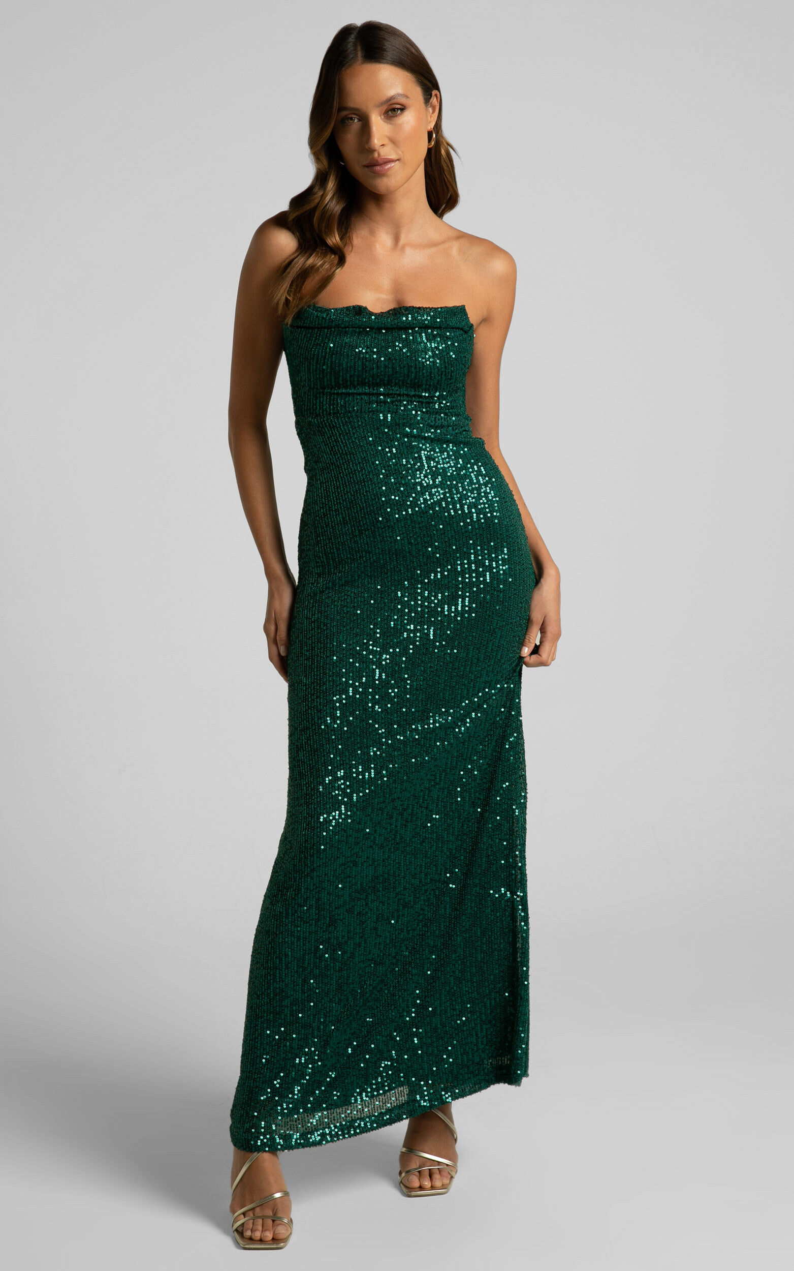 Ibiza Scoop Neck Strapless Bustier Sequin Maxi Dress in Emerald - 12, GRN1, super-hi-res image number null