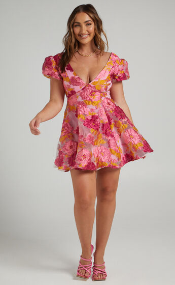 Lydia Jacquard Puff Sleeve Mini Dress in Pink