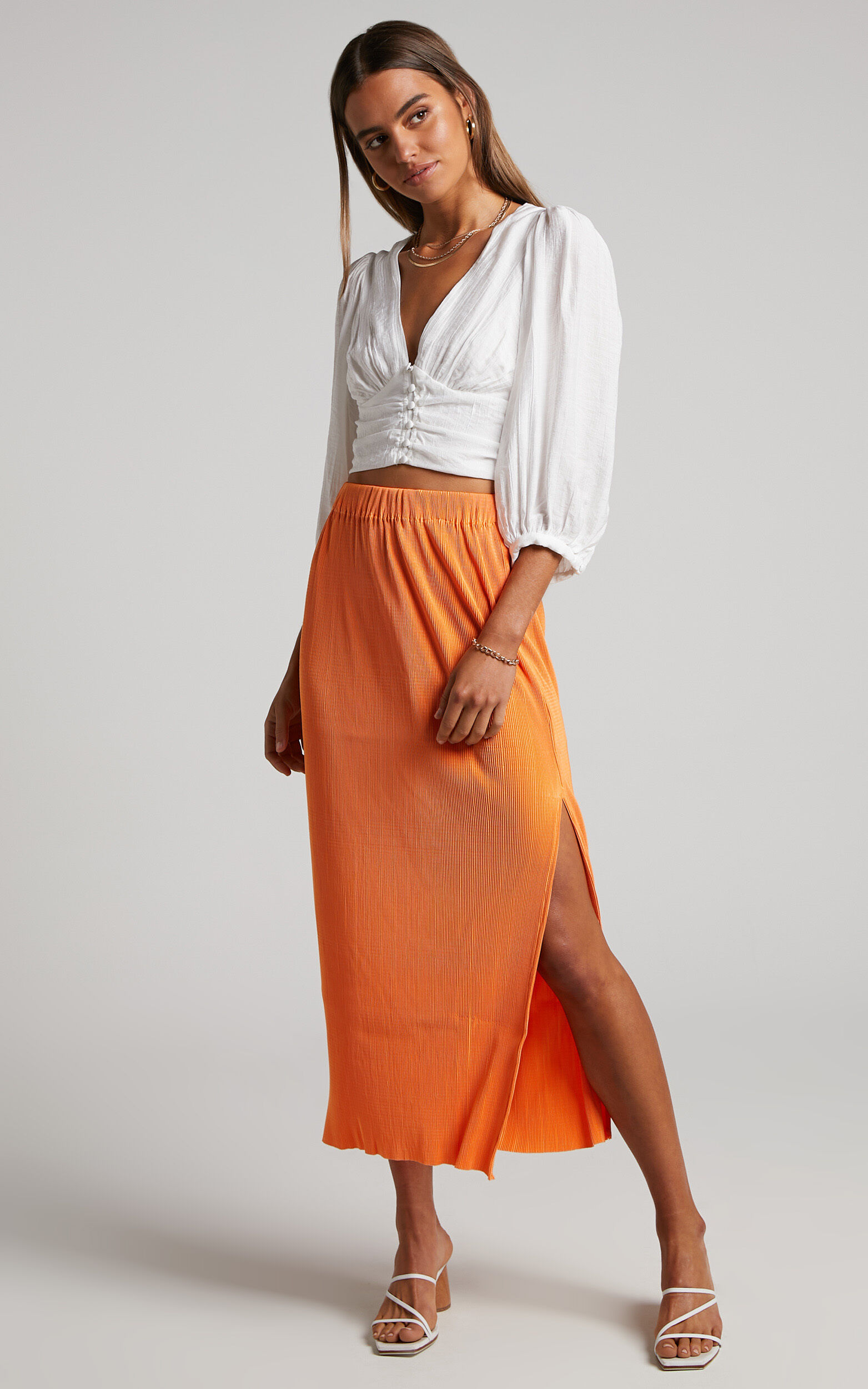 Amarante Midi Skirt - Side Split Plisse Skirt in Orange - 04, ORG1