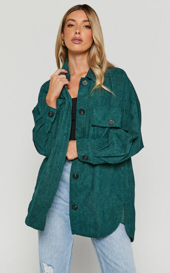 Maleah Shacket - Oversized Button Up cord shacket in Forest Green