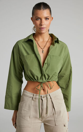 Lynessa Shirt - Long Sleeve Cropped Drawstring Shirt in Khaki