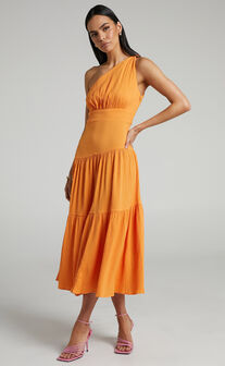 Celestia Tiered One Shoulder Midi Dress in Mango