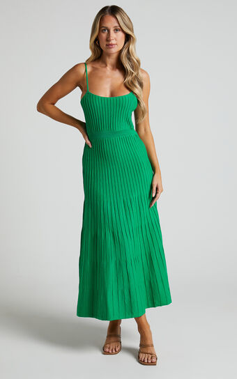 Donissa Midi Dress - Panelled Knit Dress in Green
