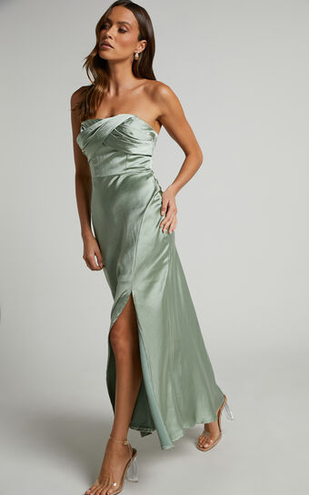 Karriel Maxi Dress - Strapless Satin Maxi Dress in Sage Green