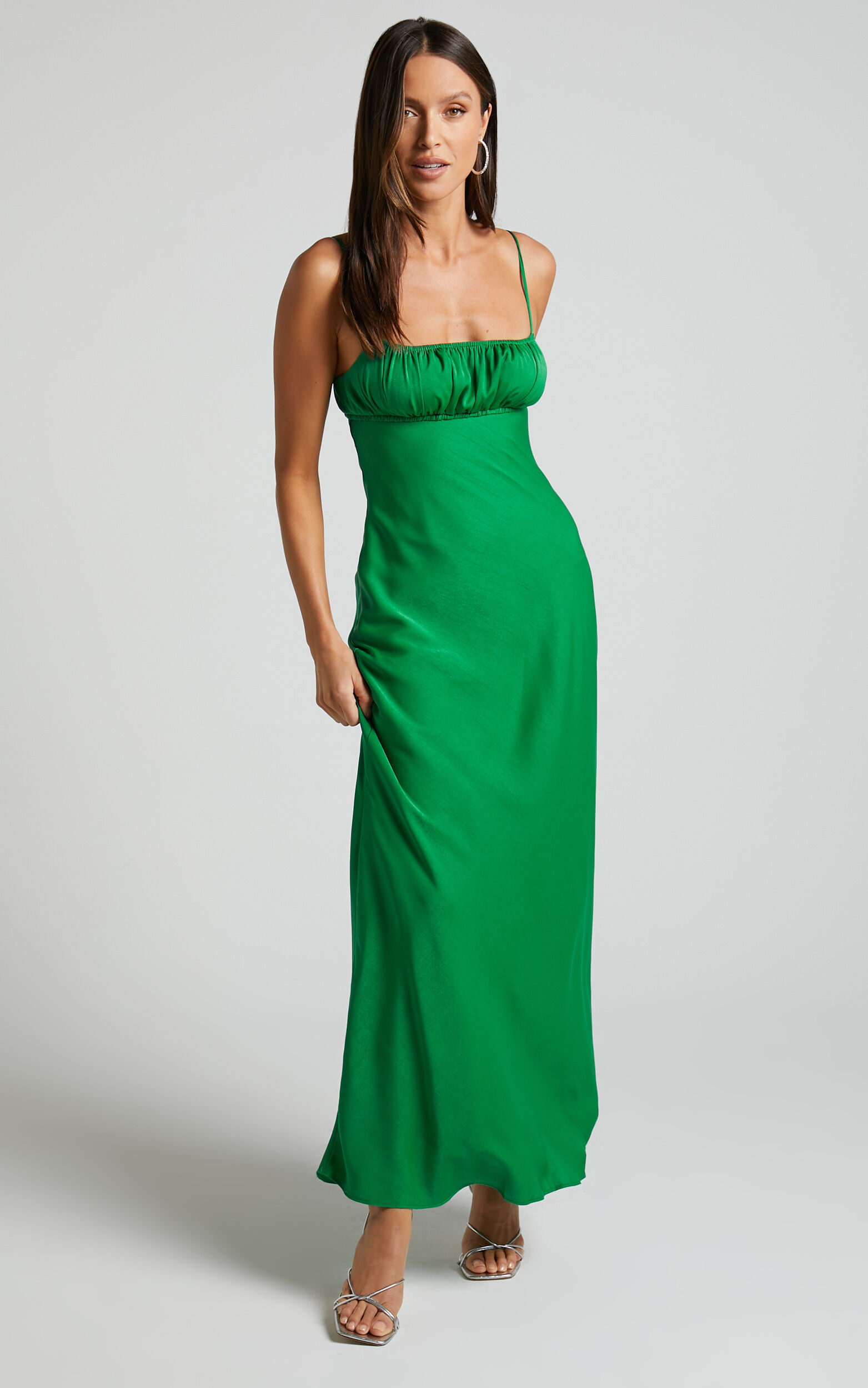 Carla Midaxi Dress - Ruched Bust Satin Slip Dress in Green - 06, GRN1