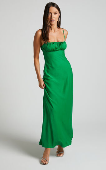 Carla Midaxi Dress - Ruched Bust Satin Slip Dress in Green