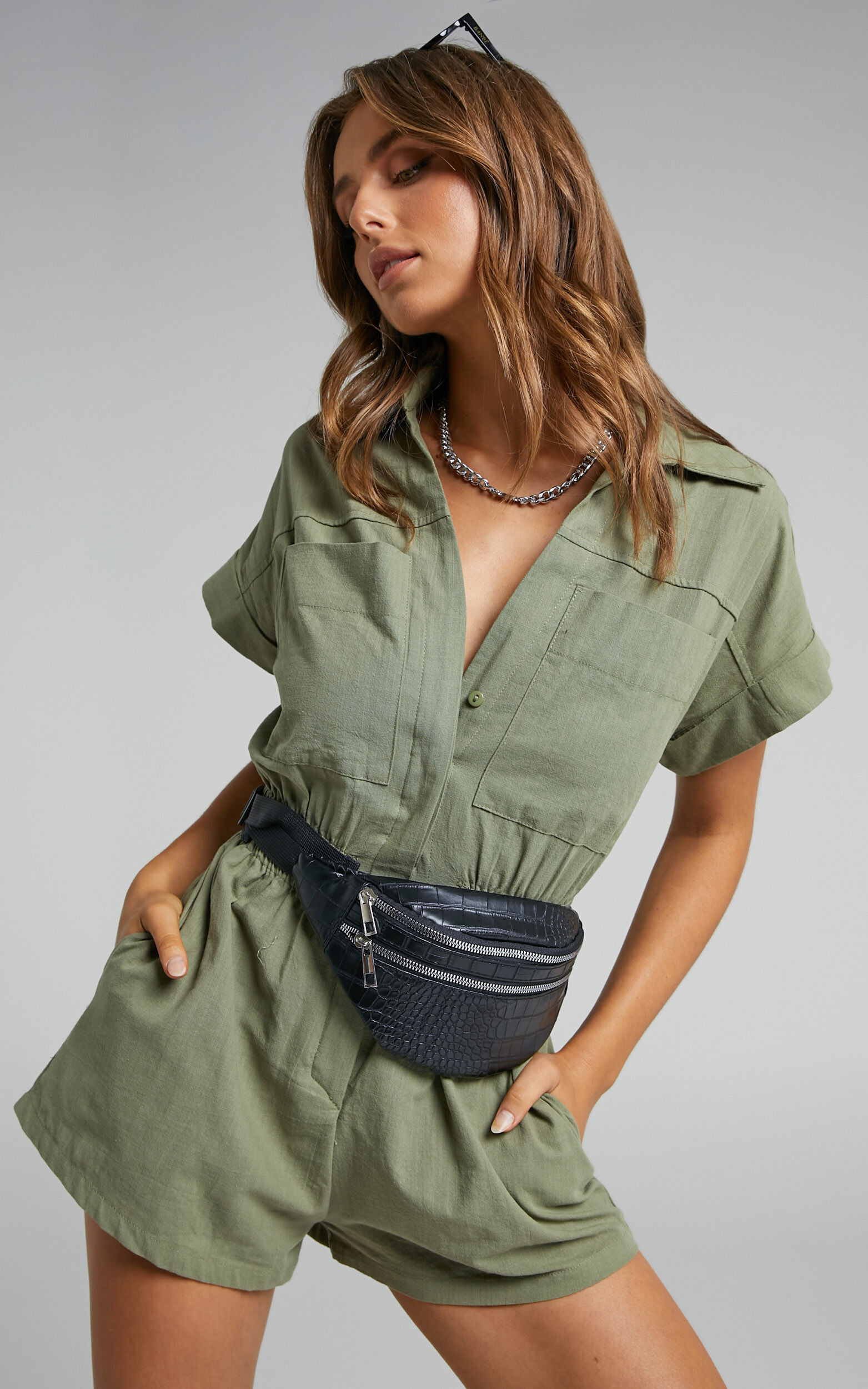 Daralyn Collared Button Down Utility Playsuit in Khaki - 04, GRN1, super-hi-res image number null
