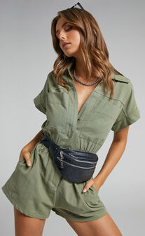 Daralyn Collared Button Down Utility Playsuit in Khaki