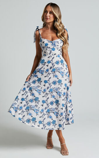 Emilio Midi Dress - Cup Bust Sleeveless Dress in Blue Floral