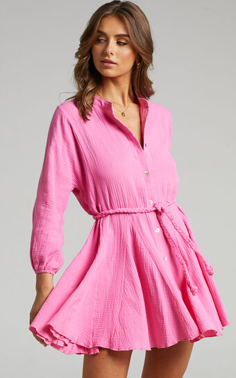 Raphaelle Long Sleeve Button Up Mini Dress in Pink