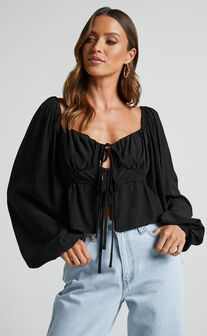Nadine Top - Long Sleeve Ruched Bust Top in Black