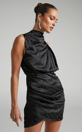 Rammey Mini Dress - High Neck Draped Dress in Black